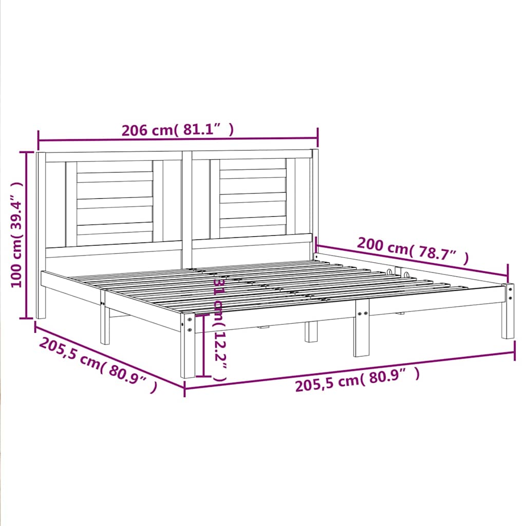 Bed Frame | Black | Solid pine wood | 200x200 cm | Decorative Inlays