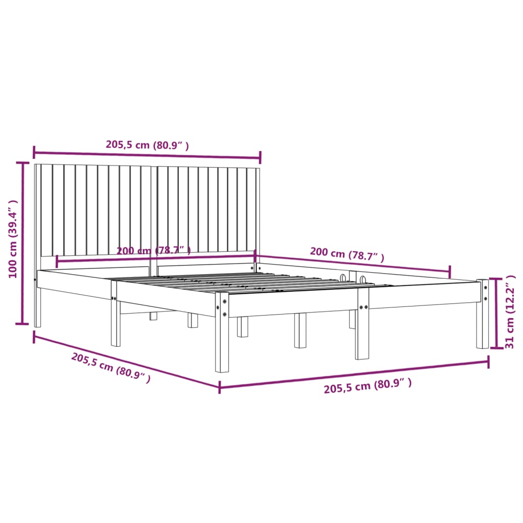 Bed Frame | White | Solid pine wood | Double | Decorative Inlays
