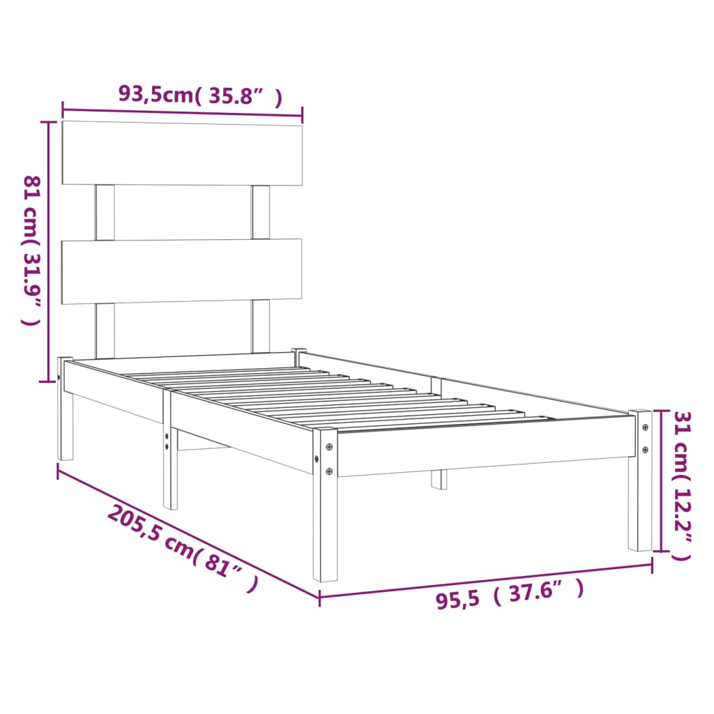 Bed Frame | White | Solid pinewood | Standard Single | Simplistic