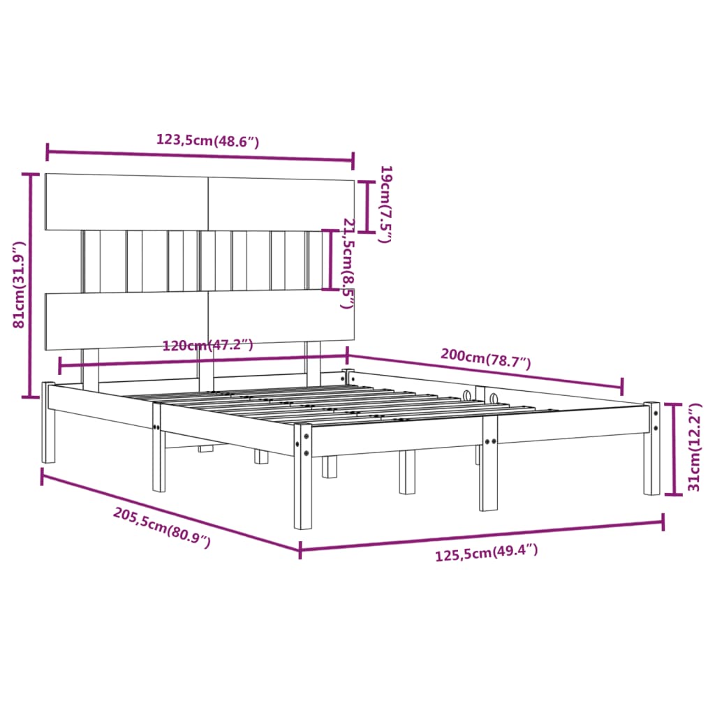 Bed Frame | Untreated pine wood colour | Solid pine wood | 120x200 cm