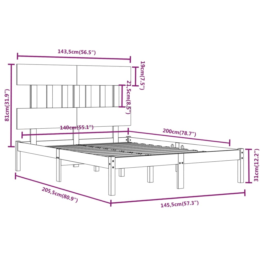 Bed Frame | Natural Wood | Solid Pinewood | 140 x 200 cm | Bed Frame