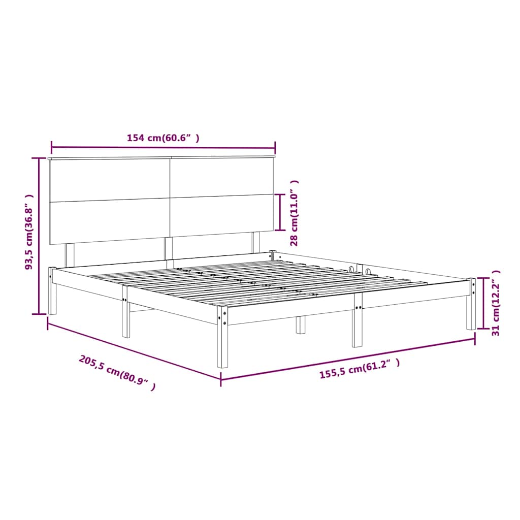 Bed Frame without Mattress 150x200 cm King Size Solid Wood