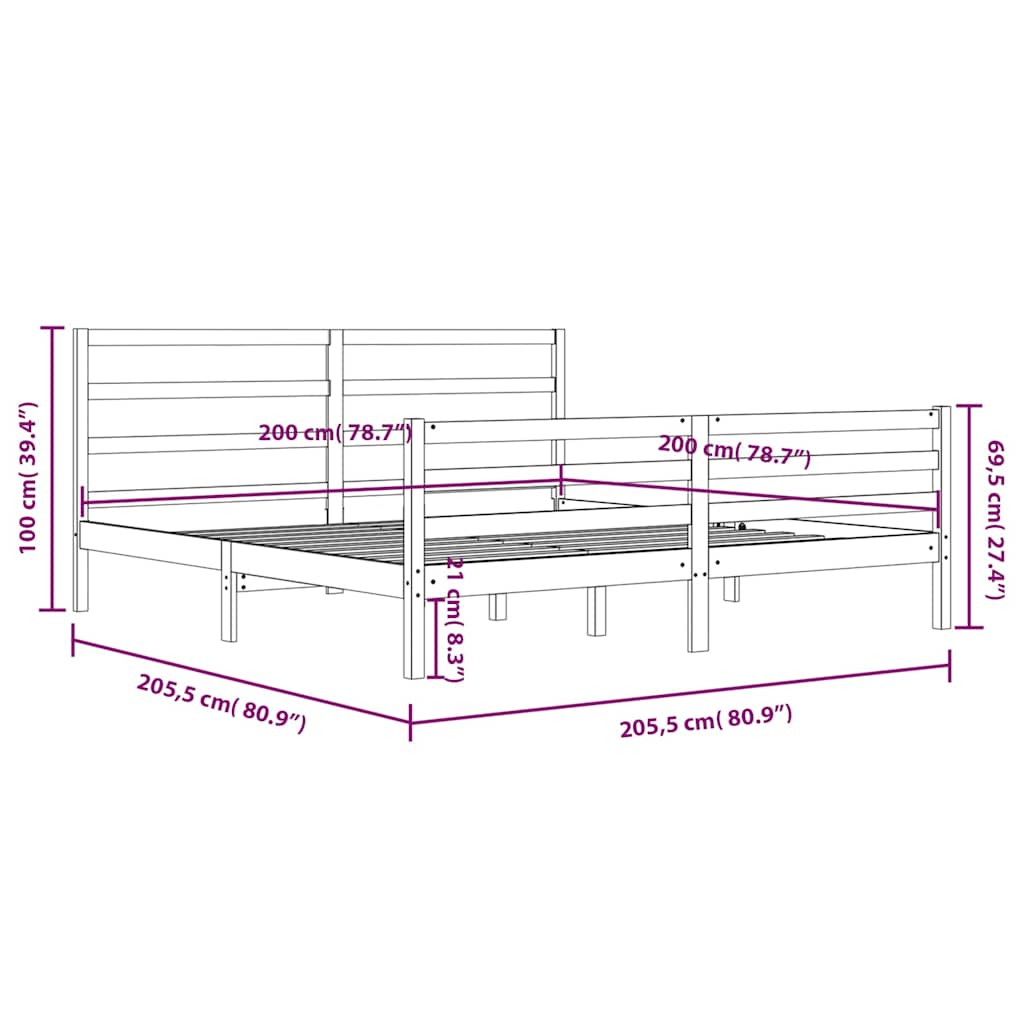 Bed Frame | Grey | Solid Pine Wood | 200x200 cm | Solid Wood Frame