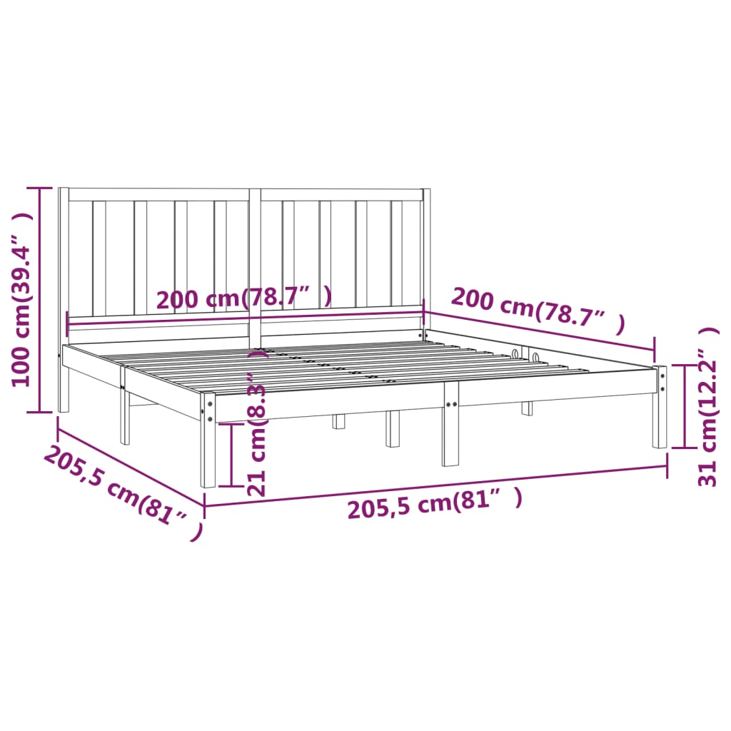 Bed Frame | Black | Solid pine wood | 200x200 cm | Bed Frame