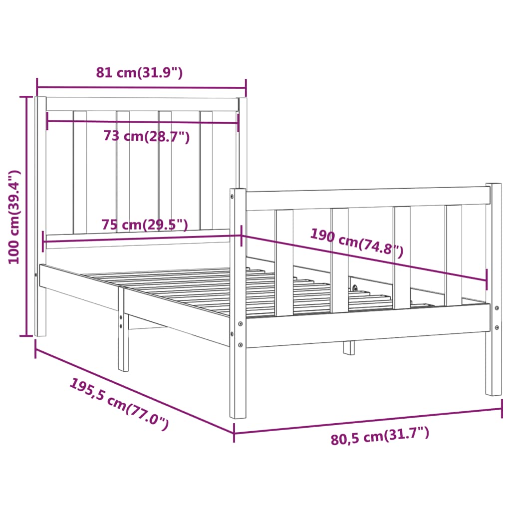 Bed Frame | Black | Solid pine wood, Plywood | Small Single