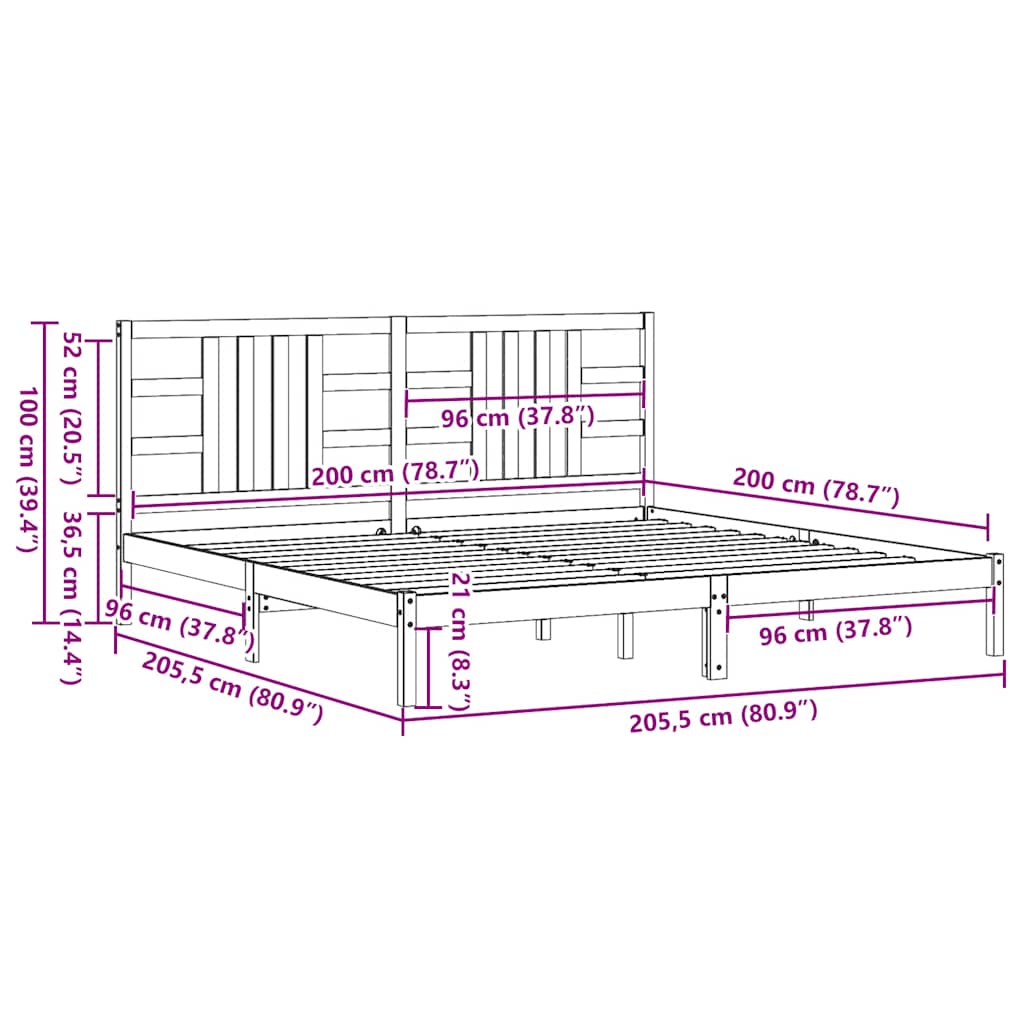 Bed Frame | Black | Solid Pine Wood | Double | Decorative Inlays
