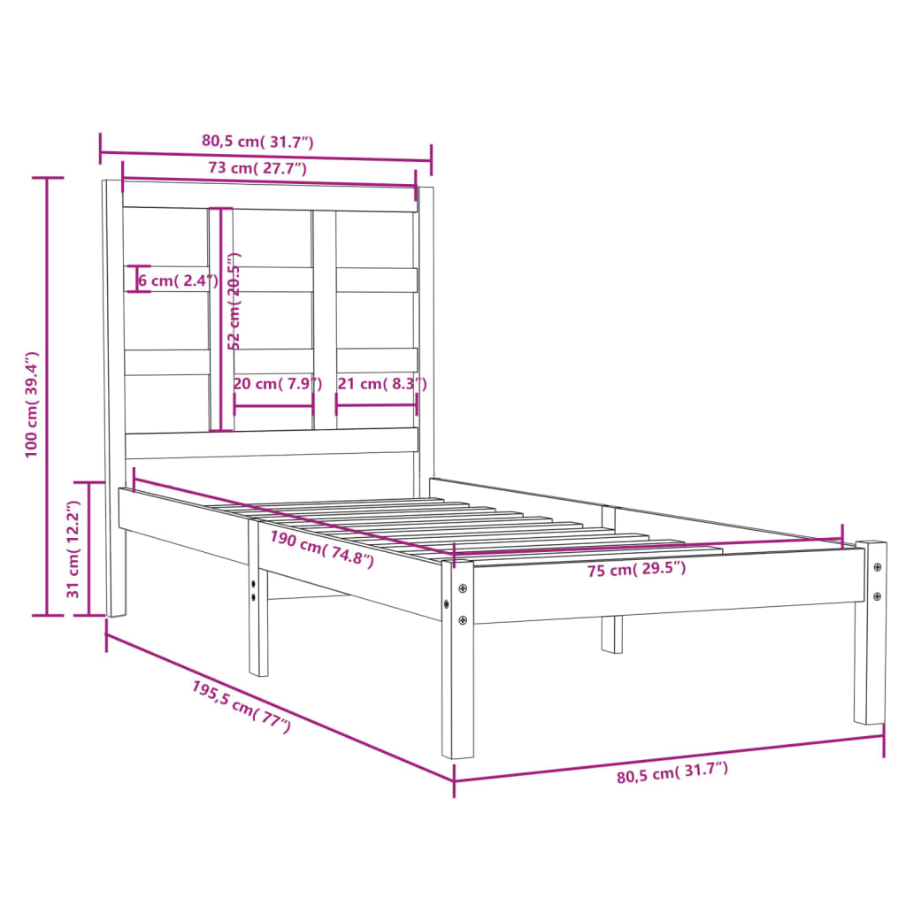 Bed Frame | White | Solid pine wood | Small Single | Durable | Bed Frame