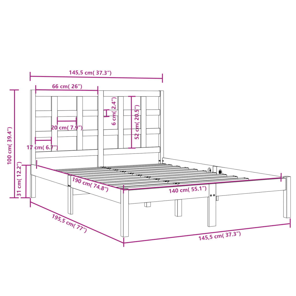 Bed Frame | Black | Solid Pinewood | Double | Durable | Bed Frame