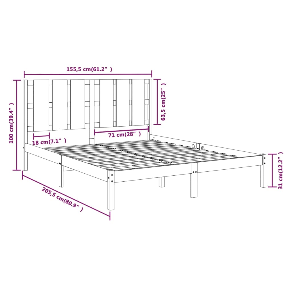 Bed Frame | Black | Solid pine wood | King | Durable | Bed Frame