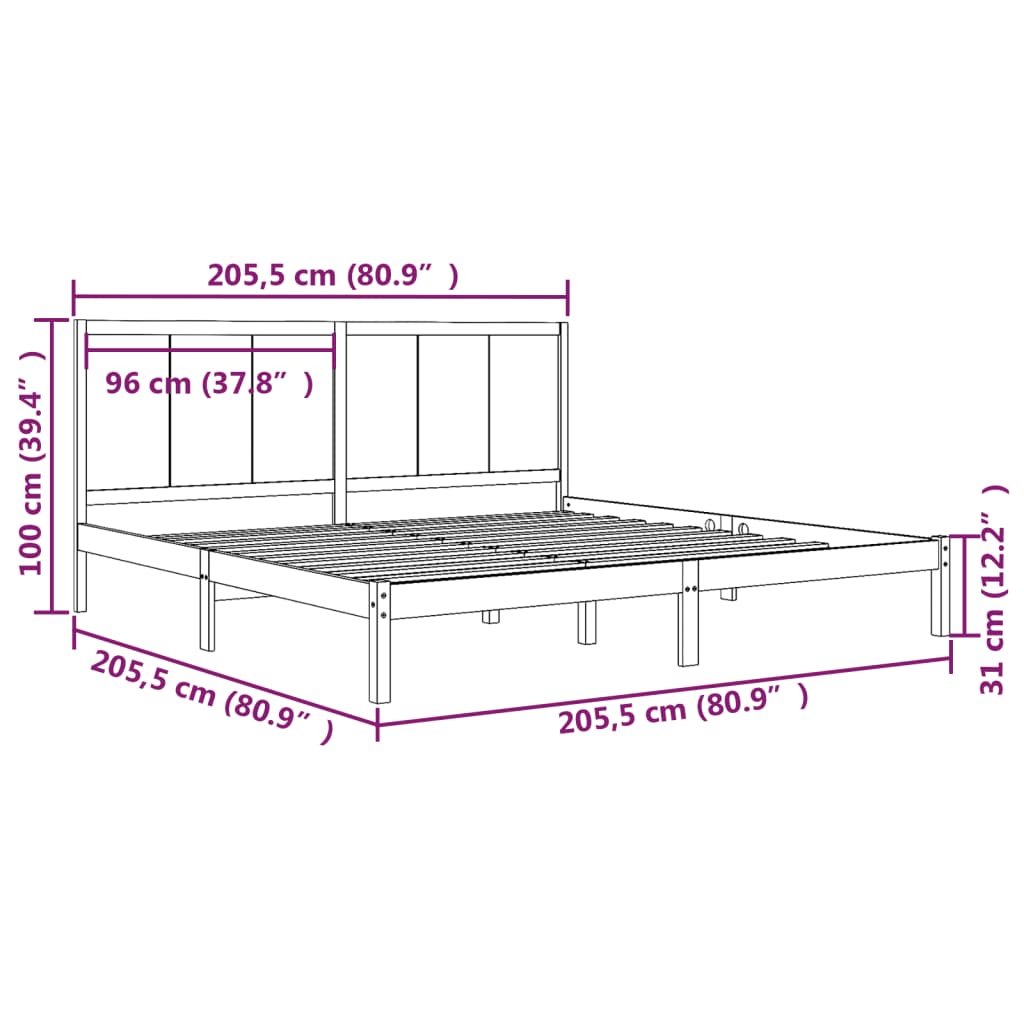 Bed Frame | Black | Solid pinewood | 200x200 cm | Modern | Bed Frame