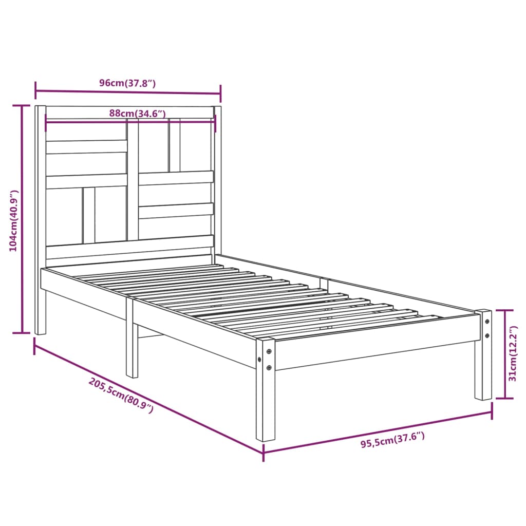 Bed Frame without Mattress White Solid Wood 90x200 cm