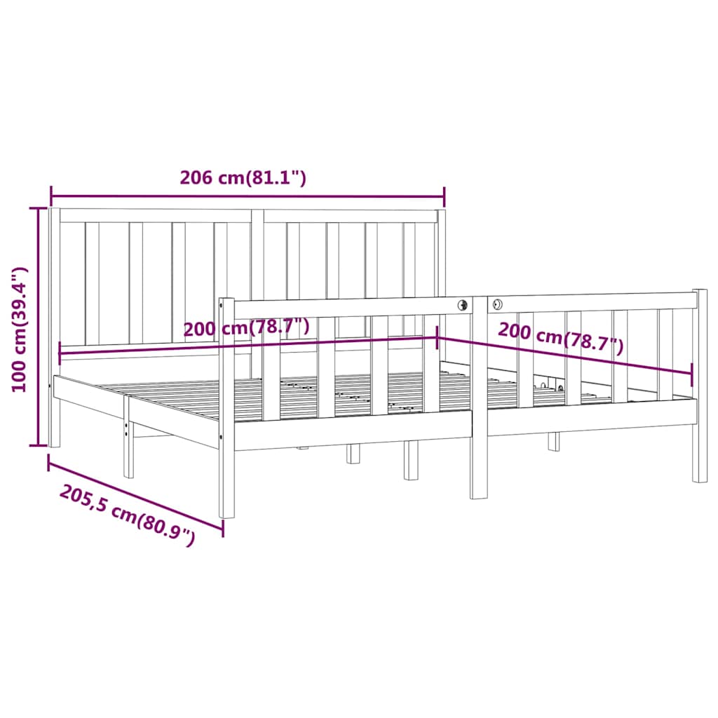Bed Frame | Black | Solid pine wood | 200x200 cm | Durable | Bed Frame