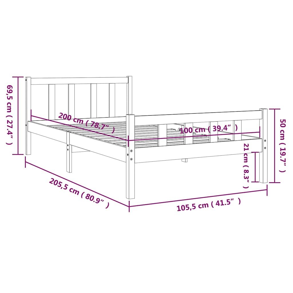 Bed Frame without Mattress Grey Solid Wood 100x200 cm