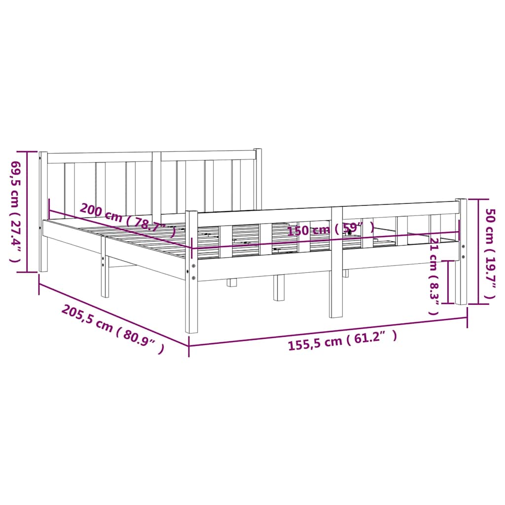 Bed Frame without Mattress White Solid Wood King Size