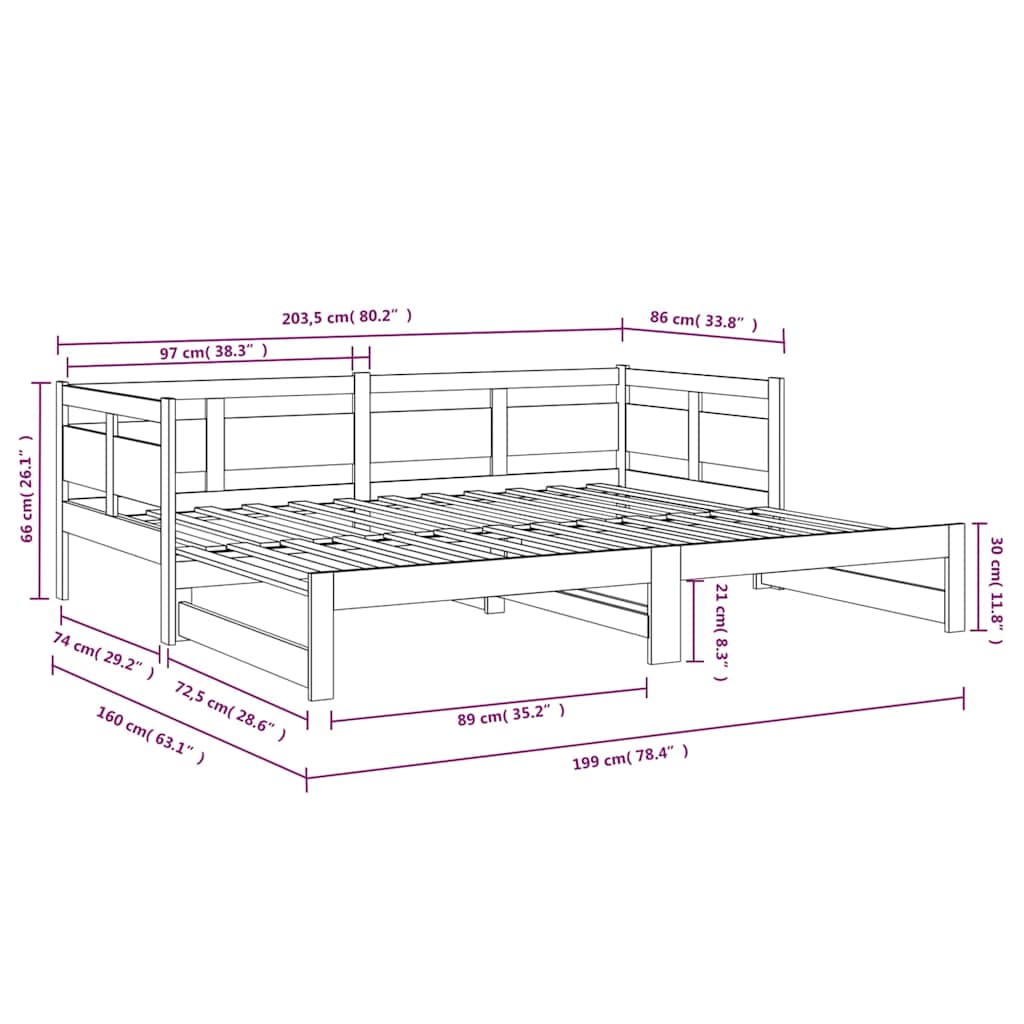 Pull-out Day Bed | Black | Solid pine wood | Double