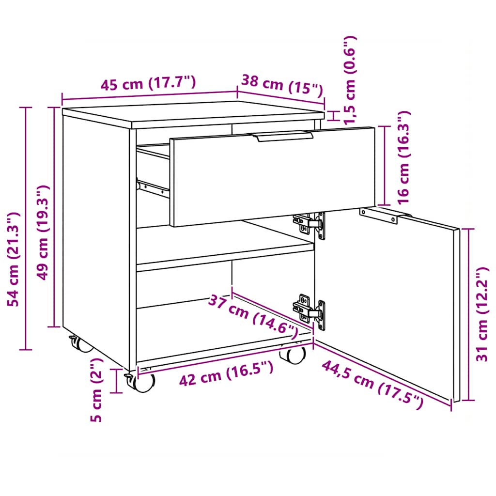 Mobile File Cabinet with Wheels White 45x38x54 cm Engineered Wood