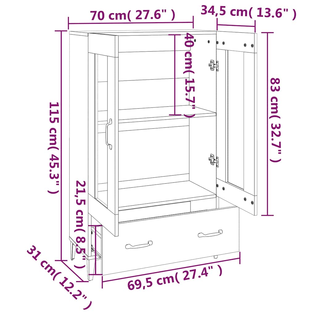 Highboard | Concrete grey | Engineered wood | Tall, medium-width