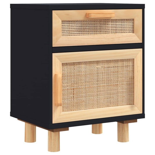 Bedside Cabinet | Black | Engineered wood, Solid pinewood, Natural rattan