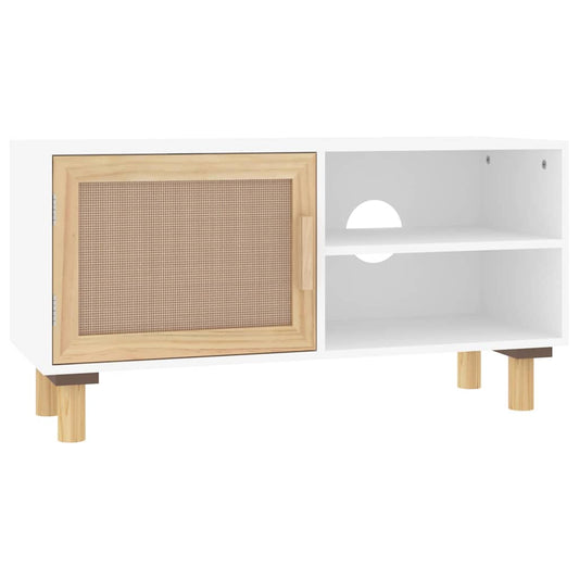 TV Cabinet White 80x30x40 cm Solid Wood Pine and Natural Rattan