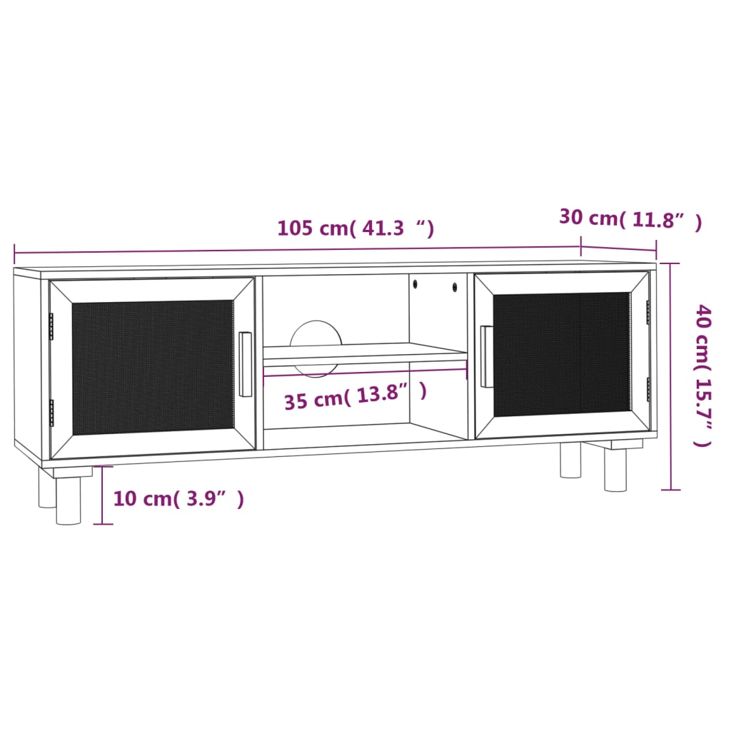 TV Cabinet | White | Engineered Wood, Solid Pinewood, Natural Rattan