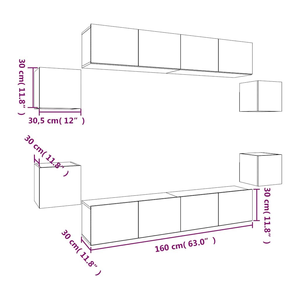 8 Piece TV Cabinet Set White Engineered Wood