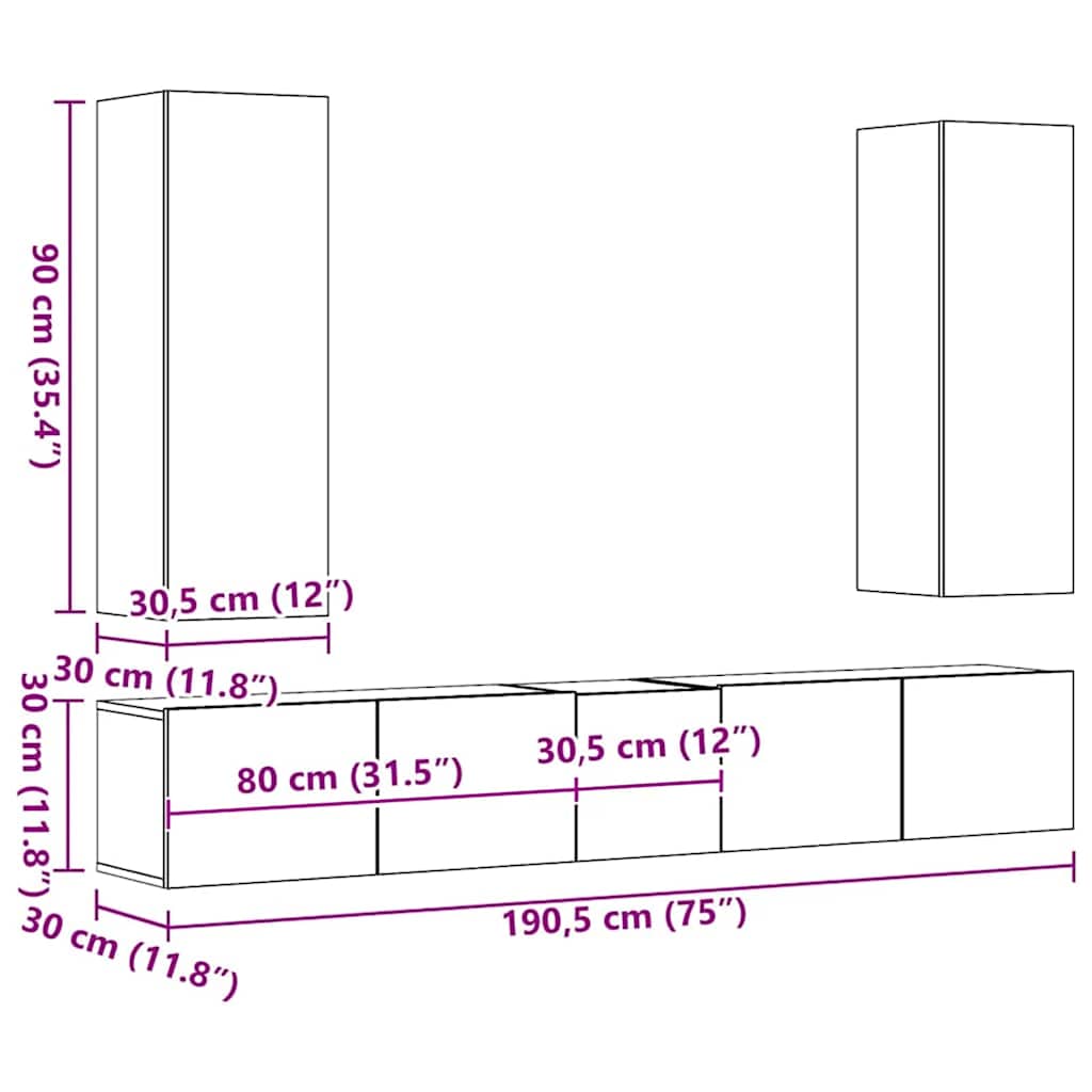 5 Piece TV Cabinet Set White Engineered Wood