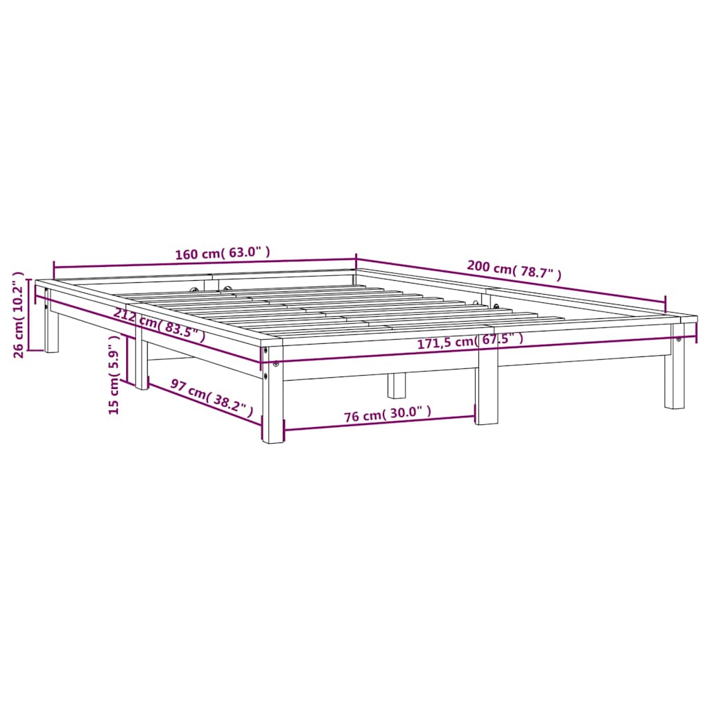 Bed Frame | White | Solid pine wood | Double bed | Decorative Inlays