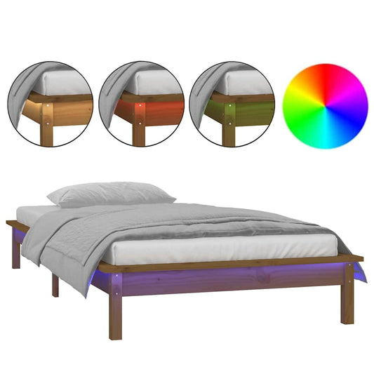 LED Bed Frame without Mattress Honey Brown 90x190 cm Single Solid Wood