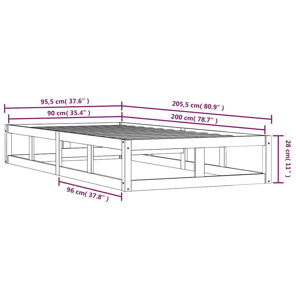 Bed Frame without Mattress Black 90x200 cm Solid Wood