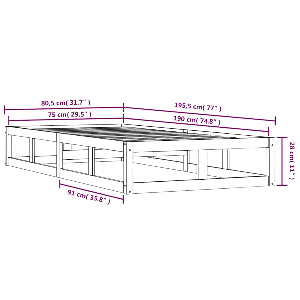 Bed Frame without Mattress White 75x190 cm Small Single Solid Wood
