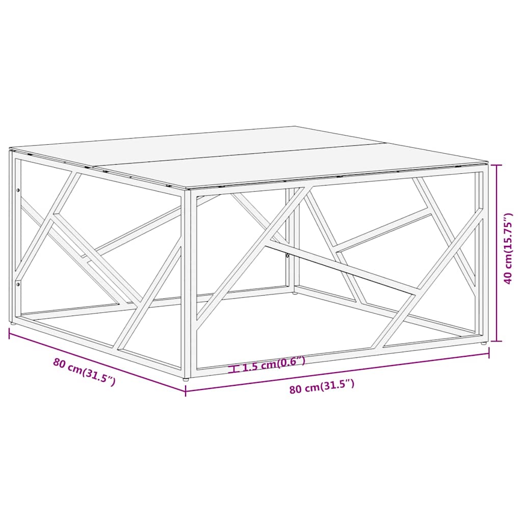 Coffee Table Silver Stainless Steel and Tempered Glass