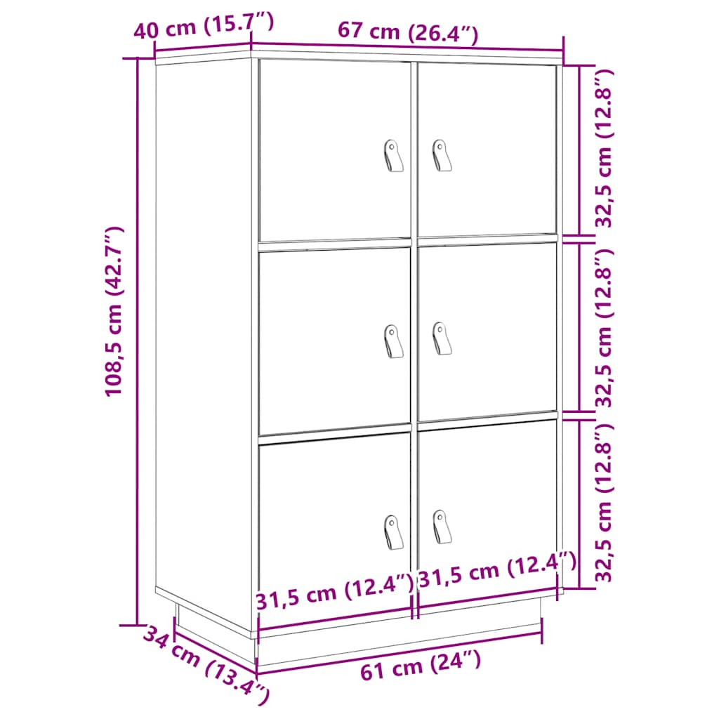Highboard White 67x40x108.5 cm Solid Wood Pine