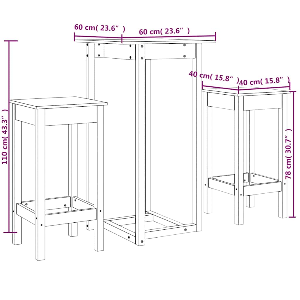 3 Piece Bar Set White Solid Wood Pine