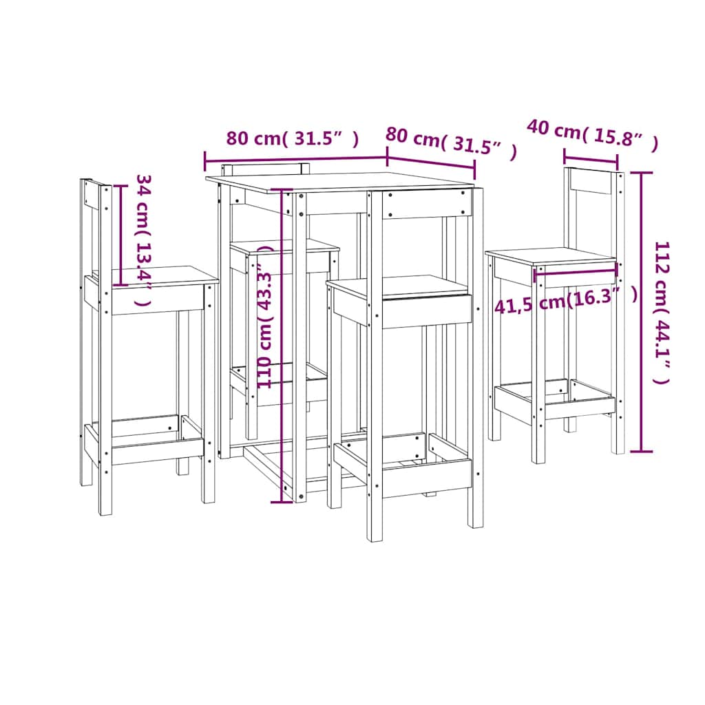 5 Piece Bar Set Solid Wood Pine