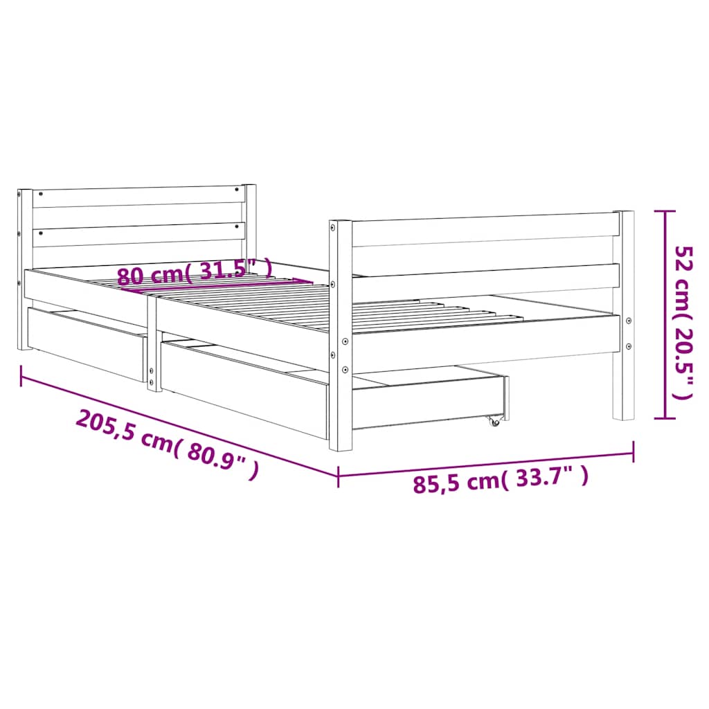 Kids Bed Frame with Drawers White 80x200 cm Solid Wood Pine