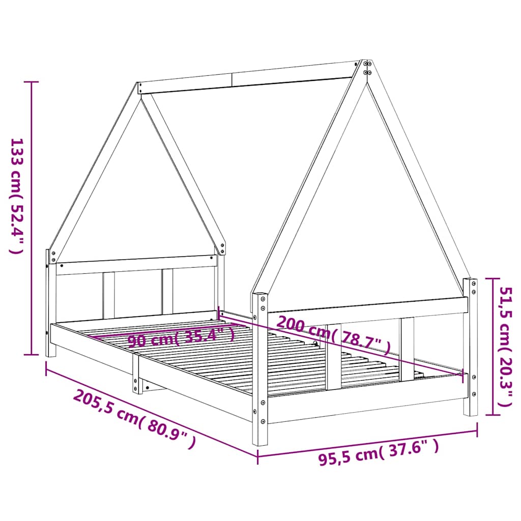 Kids Bed Frame Black 90x200 cm Solid Wood Pine