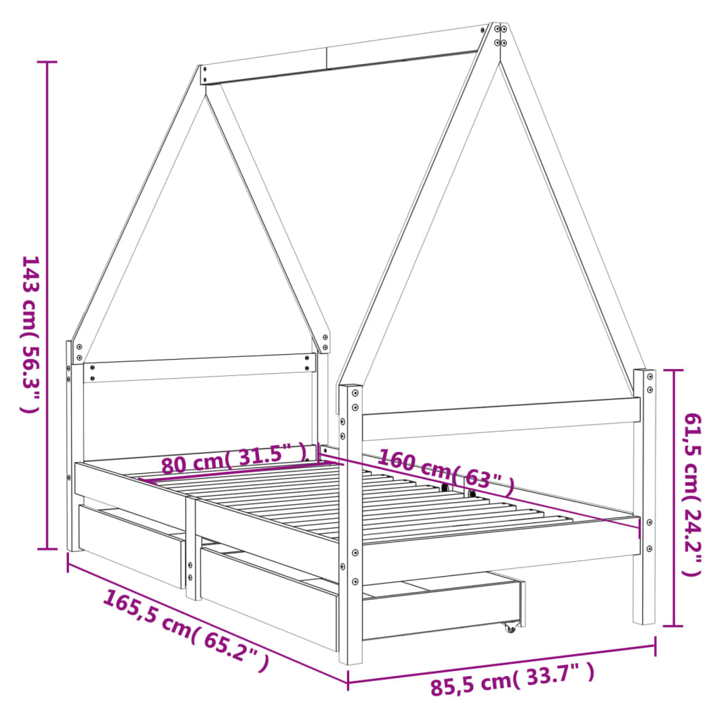 Kids Bed Frame with Drawers 80x160 cm Solid Wood Pine