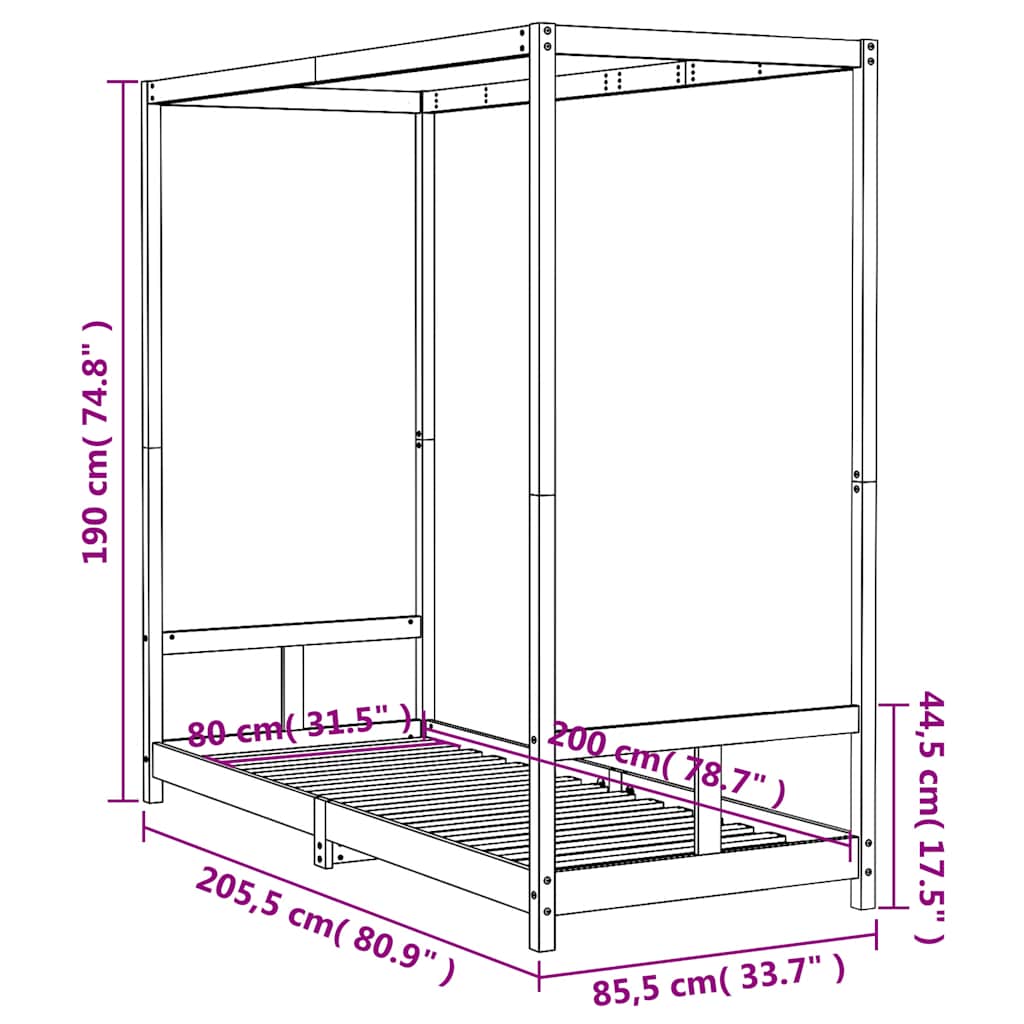 Kids Bed Frame Black 80x200 cm Solid Wood Pine