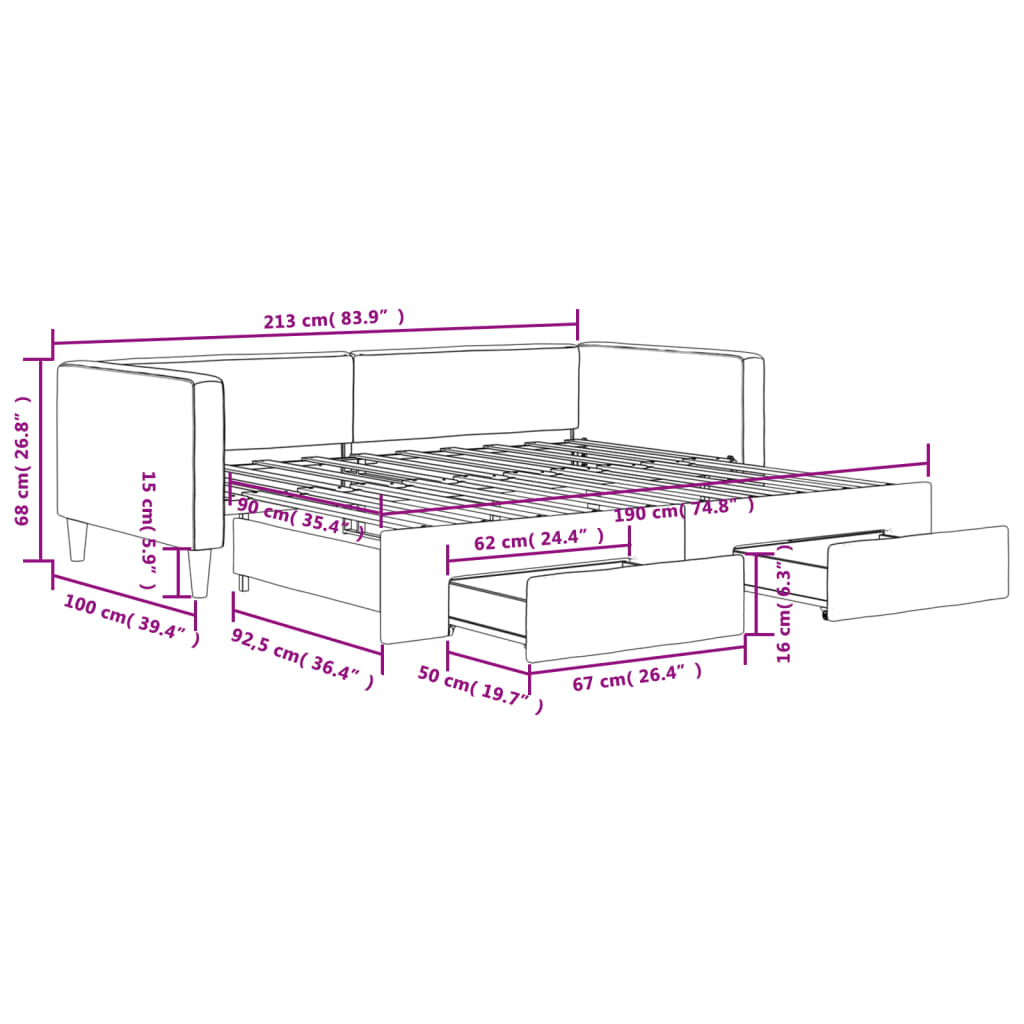 Daybed with Trundle&Drawers without Mattress Dark Grey 90x190 cm Single