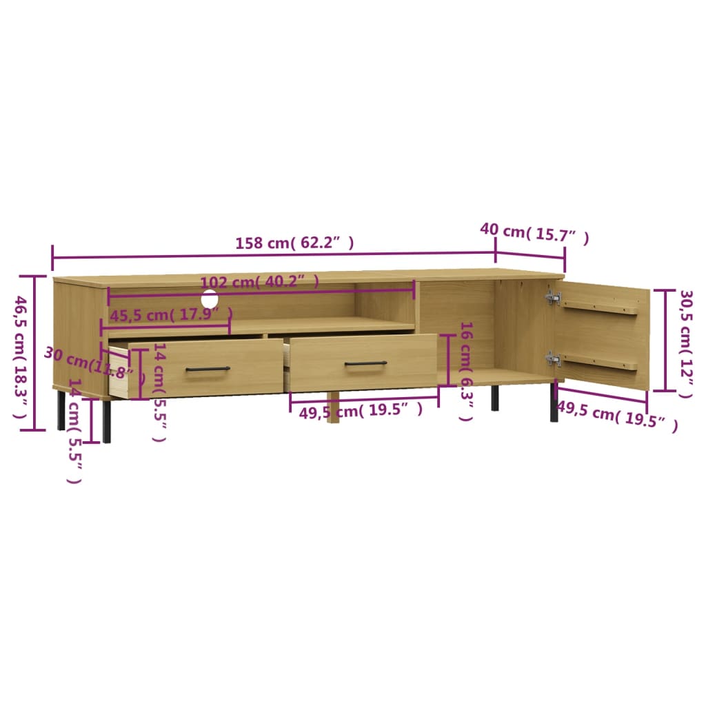 TV Cabinet with Metal Legs Brown Solid Wood Pine OSLO