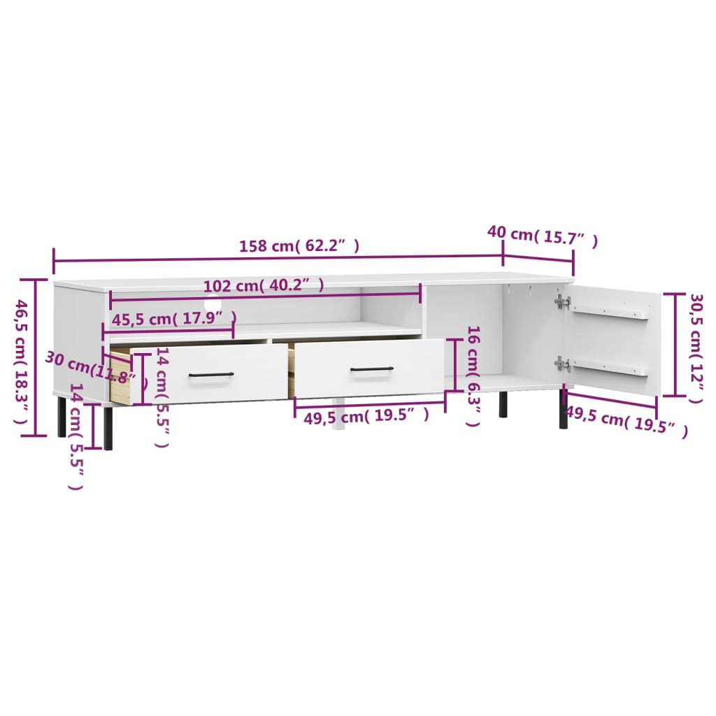 TV Cabinet with Metal Legs White Solid Wood Pine OSLO