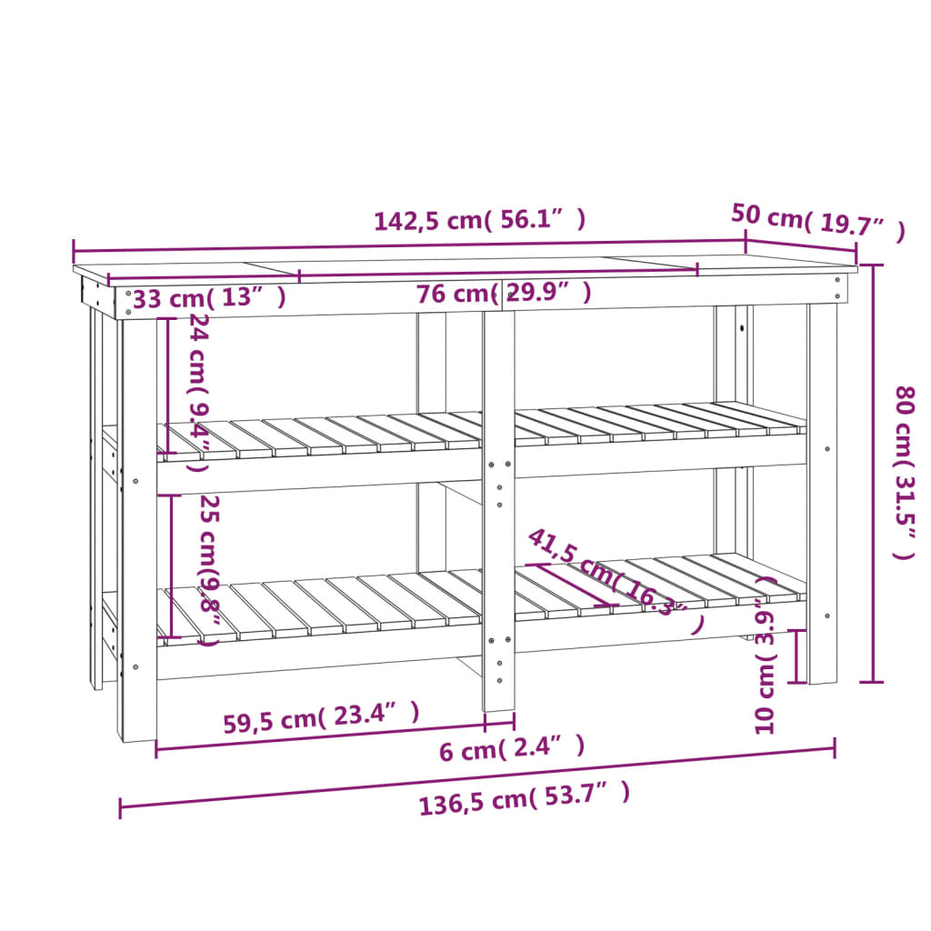 Work Bench White 142,5x50x80 cm Solid Wood Pine