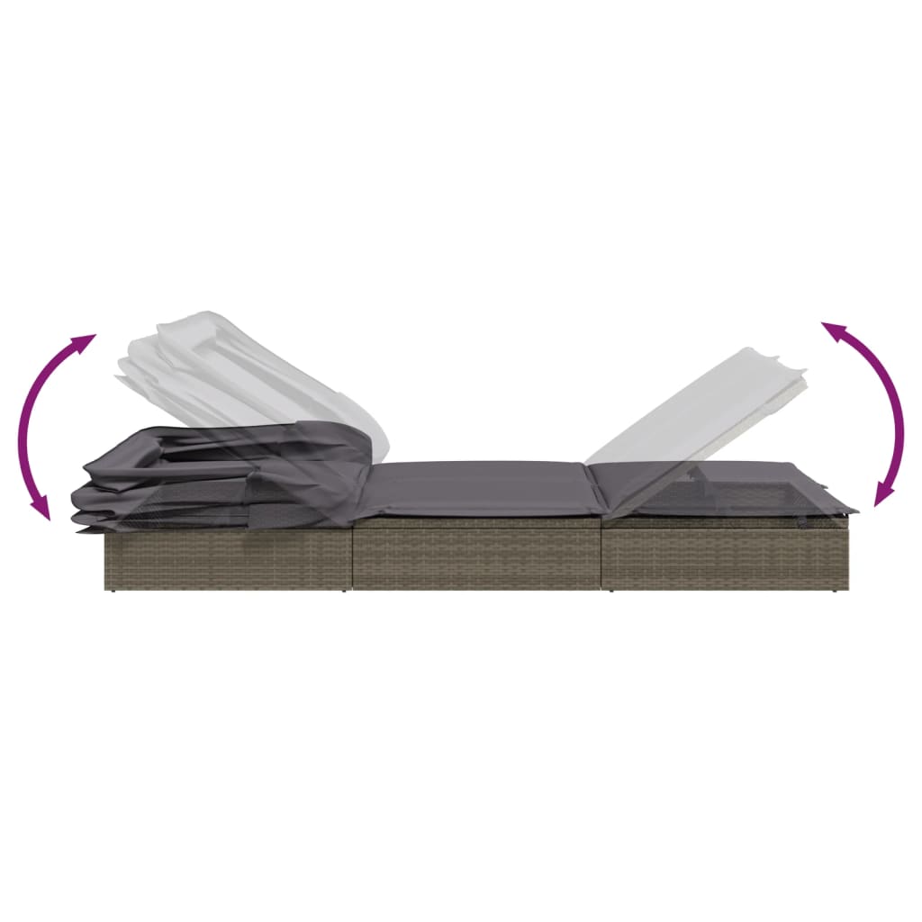 2-Person Sunbed with Foldable Roof Gray 83.9"x46.5"x38.2" Poly Rattan