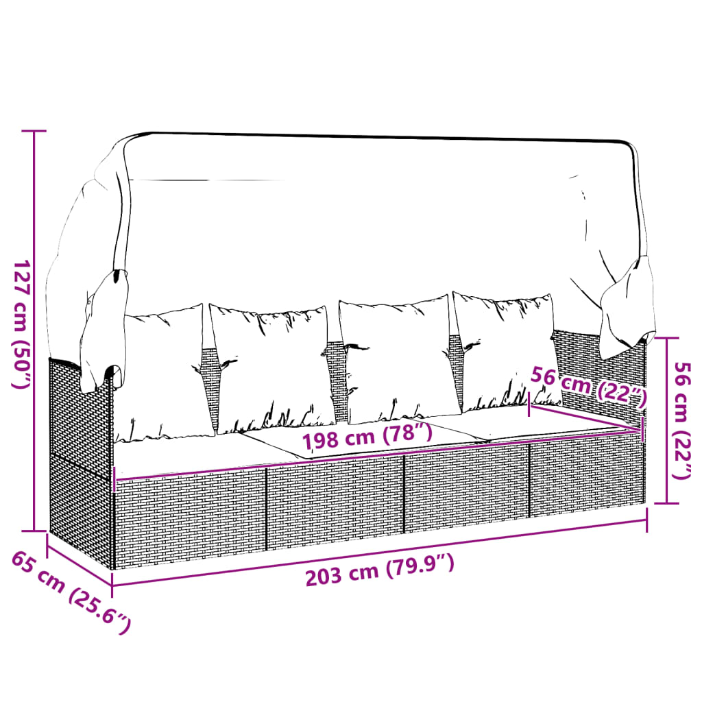 Patio Lounge Bed with Roof and Cushions Gray Poly Rattan