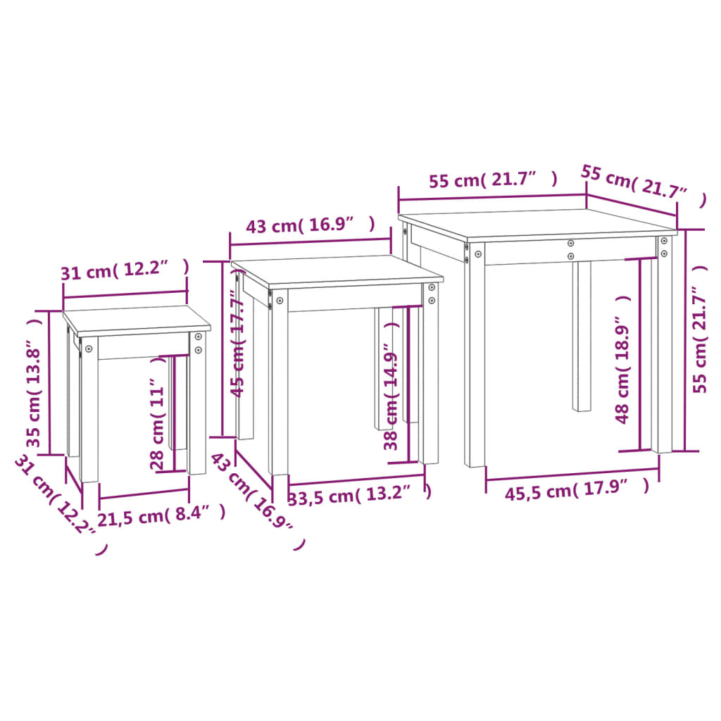 Nesting Tables 3 pcs Honey Brown Solid Wood Pine