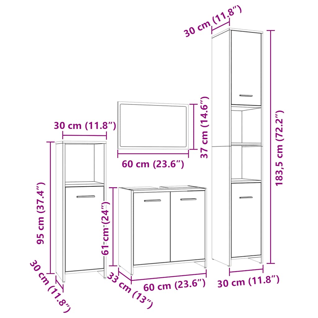 4 Piece Bathroom Furniture Set Grey Sonoma Engineered Wood
