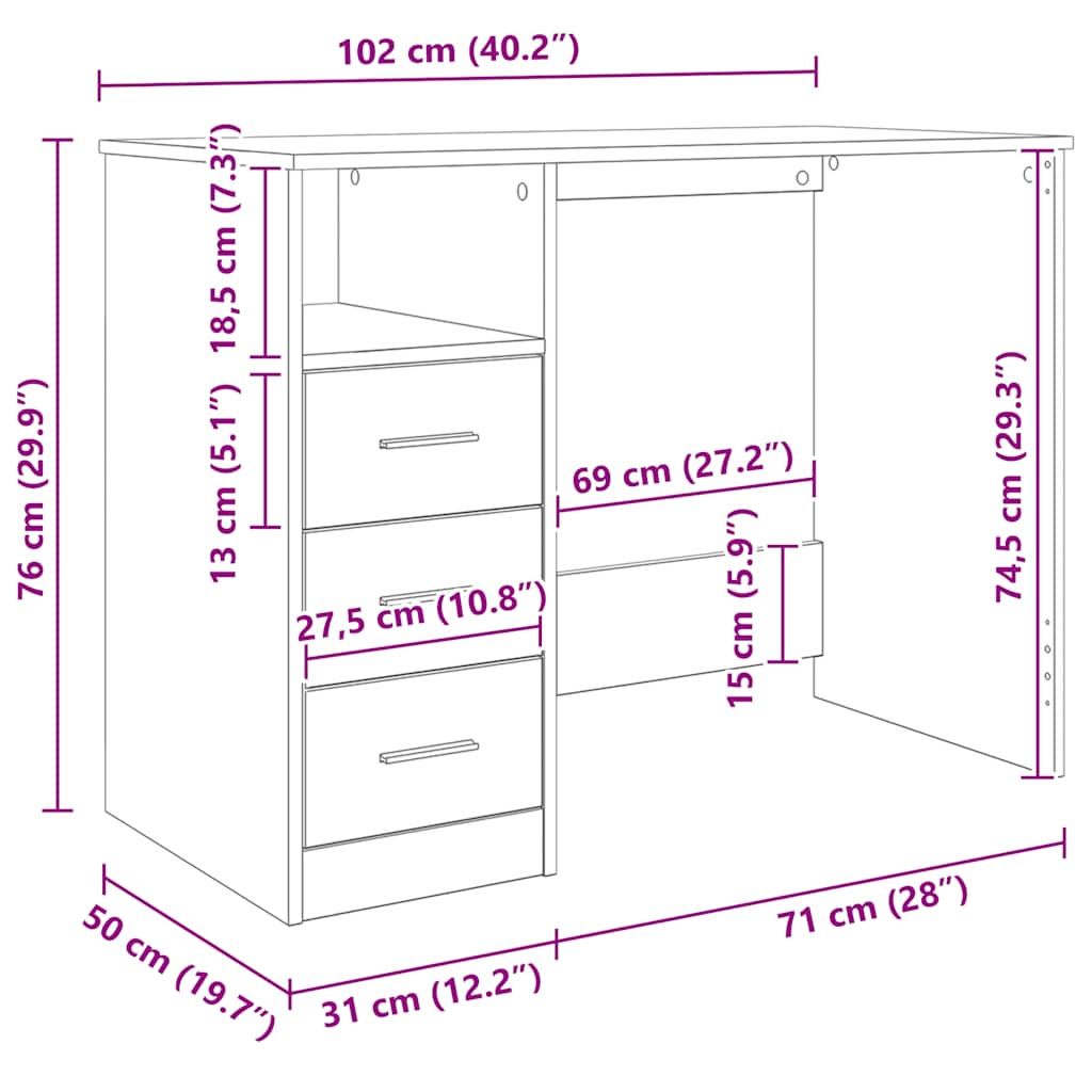 Desk with Drawers Concrete Grey 102x50x76 cm Engineered Wood