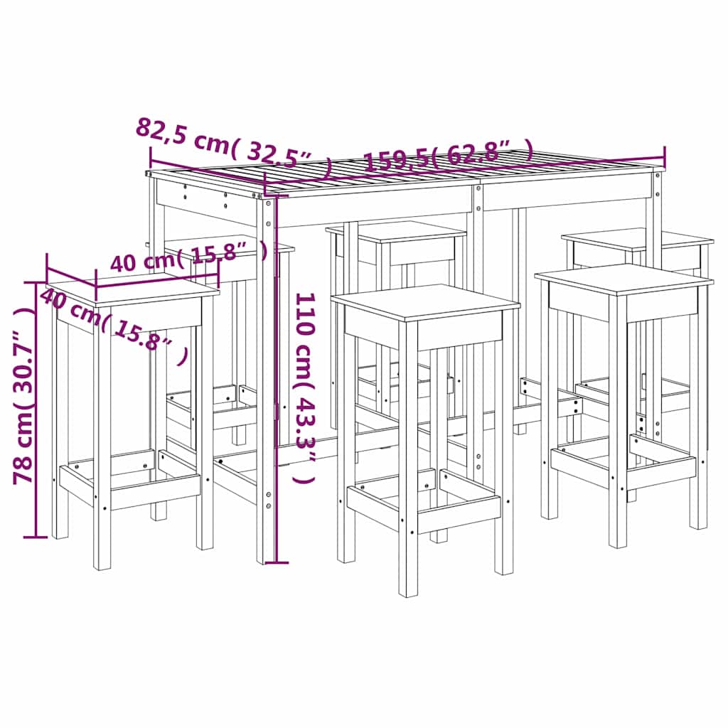 7 Piece Garden Bar Set White Solid Wood Pine