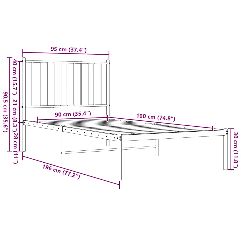 Metal Bed Frame without Mattress with Headboard Black 90x190cm