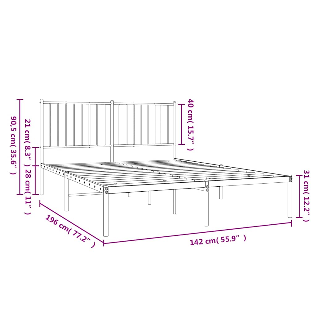 Metal Bed Frame without Mattress with Headboard Black 135x190cm